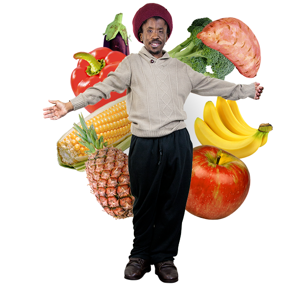 A person surrounded by health fruit, vegetables and fish