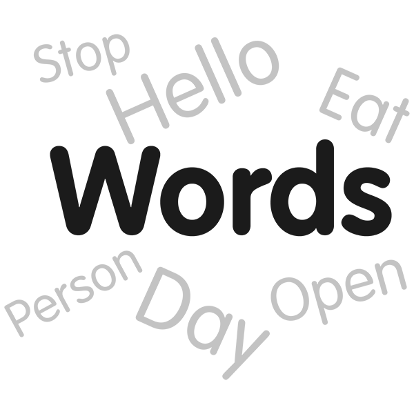 A collection of Words: Stop, Hello, Eat, Person, Day, Open