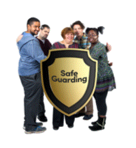 A group of people hold a shield that says safeguarding