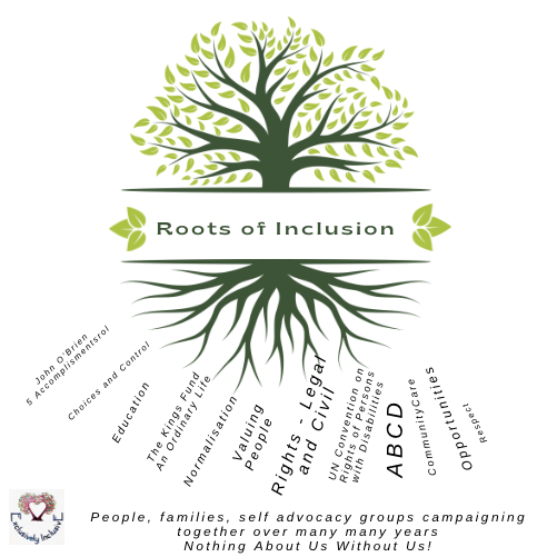 Image of a tree with the 'roots of inclusion'. The roots say: John O'Brien 5 accomplishments, Choices and Control, Education, The King's Fund An Ordinary Life, Normalisation, Valuing People, Rights - legal and civil, UN Convention of Rights of Persons with Disabilities, ABCD, Community Care, Opportunities, Respect