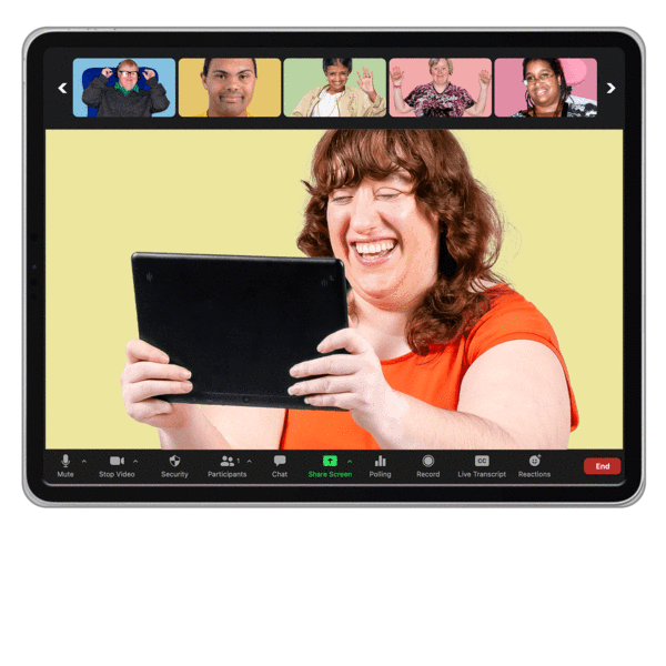 Photo of people taking part in a Zoom meeting on a tablet