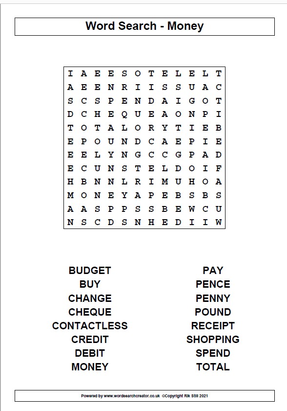 Word Search with words related to money